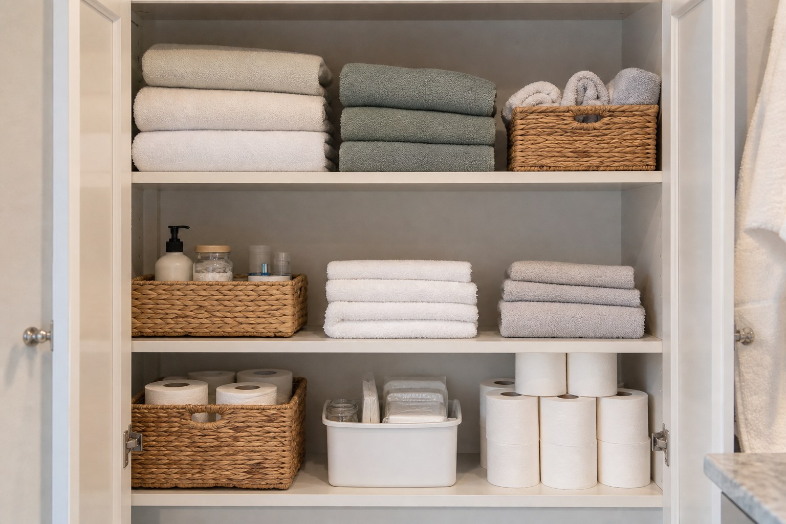 Bathroom linen cabinet with folded towels, baskets, and backup supplies