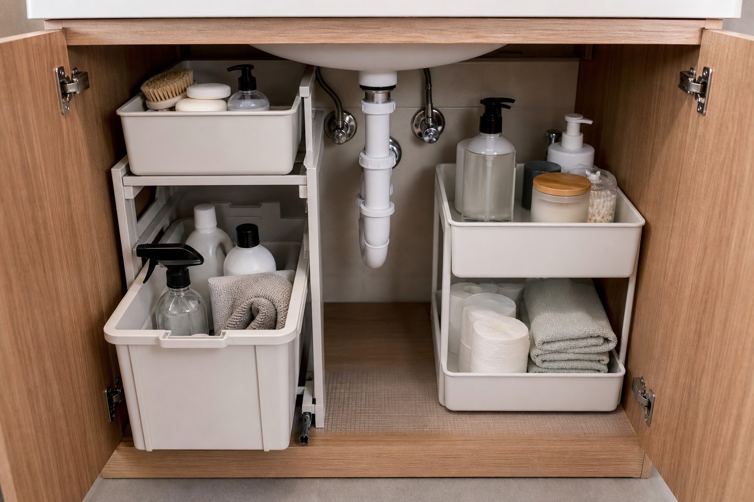 Under-sink bathroom cabinet with pull-out bins arranged around plumbing