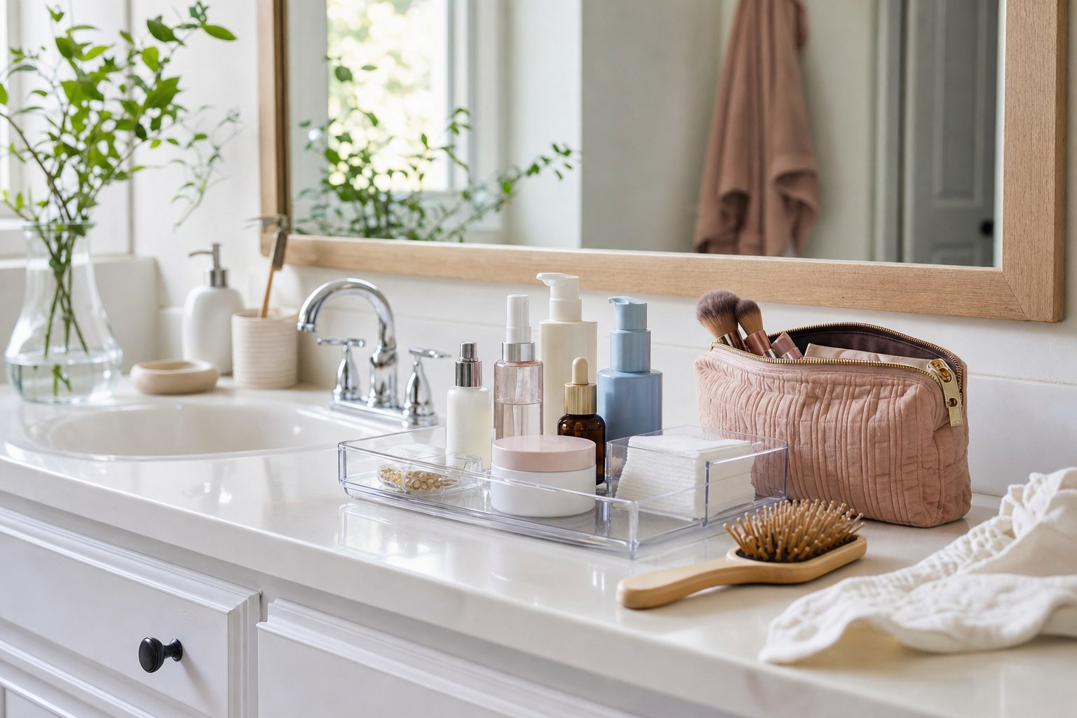 Bathroom vanity with daily skincare, makeup brushes, and clear organizing trays