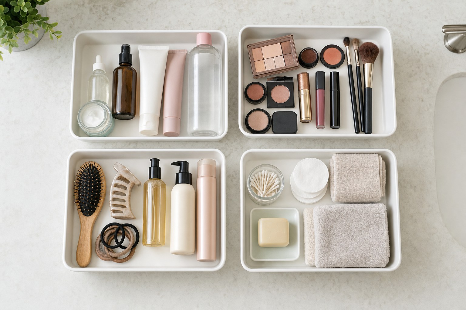 Beauty and personal-care items sorted into four open trays on a bathroom counter