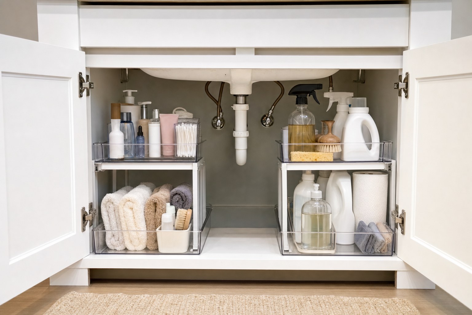 Under-sink bathroom cabinet using pull-forward bins around the plumbing