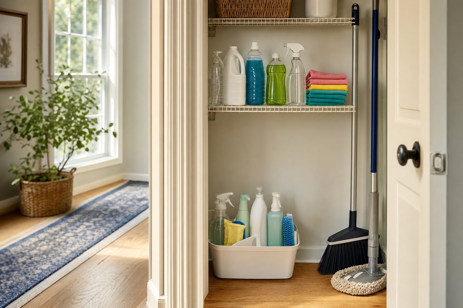 Organized utility closet with household cleaning supplies, a carry caddy, broom, and mop