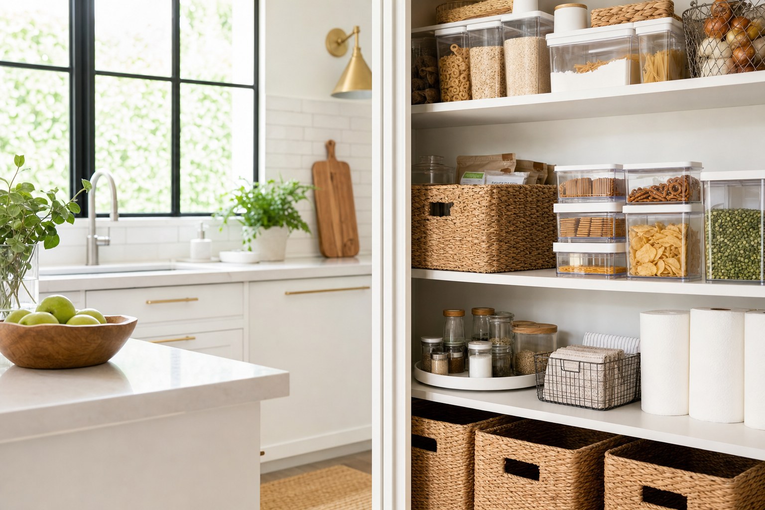 Organized home kitchen pantry with shelves, baskets, and storage containers