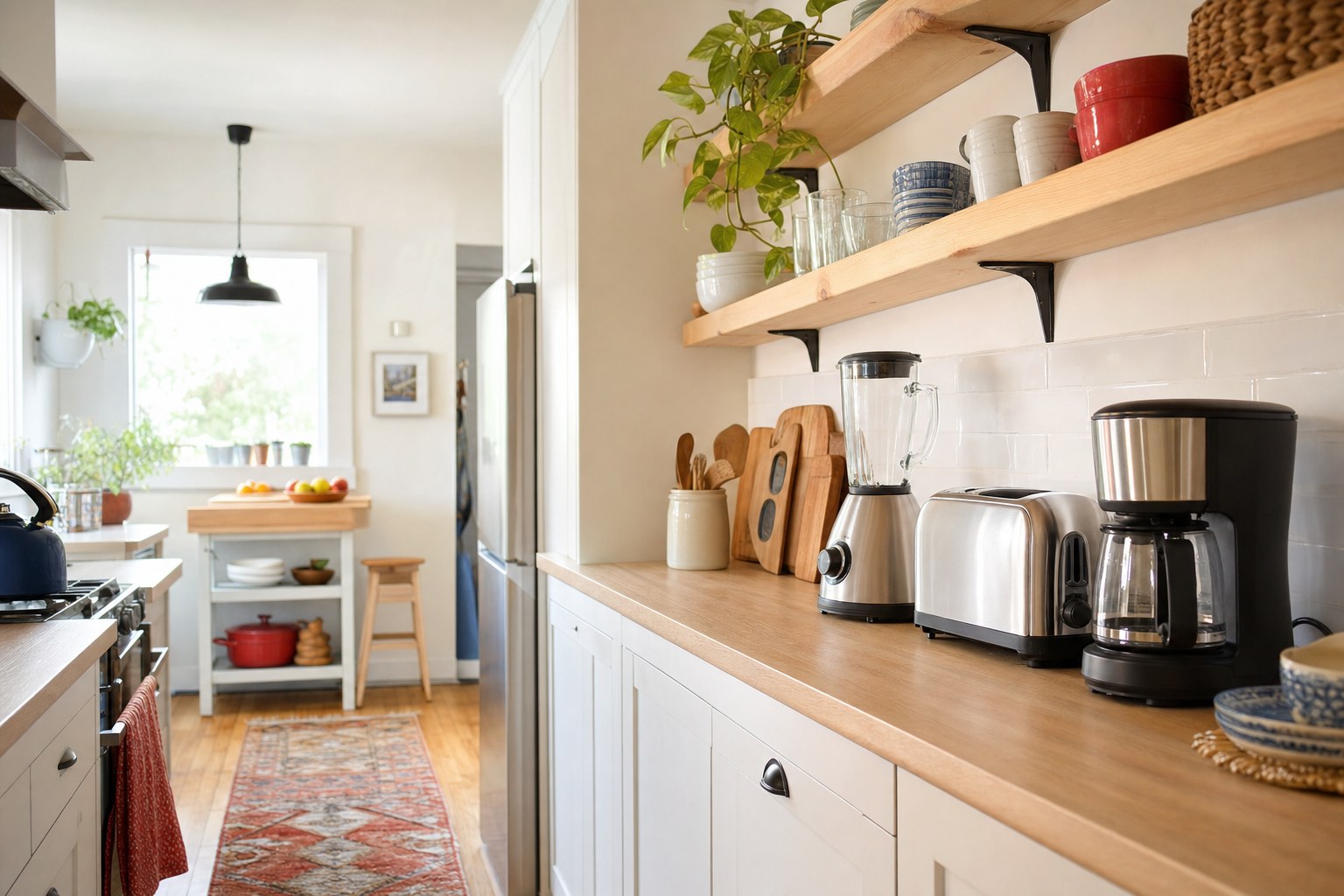 Small kitchen counter with neatly arranged toaster, blender, and coffee maker