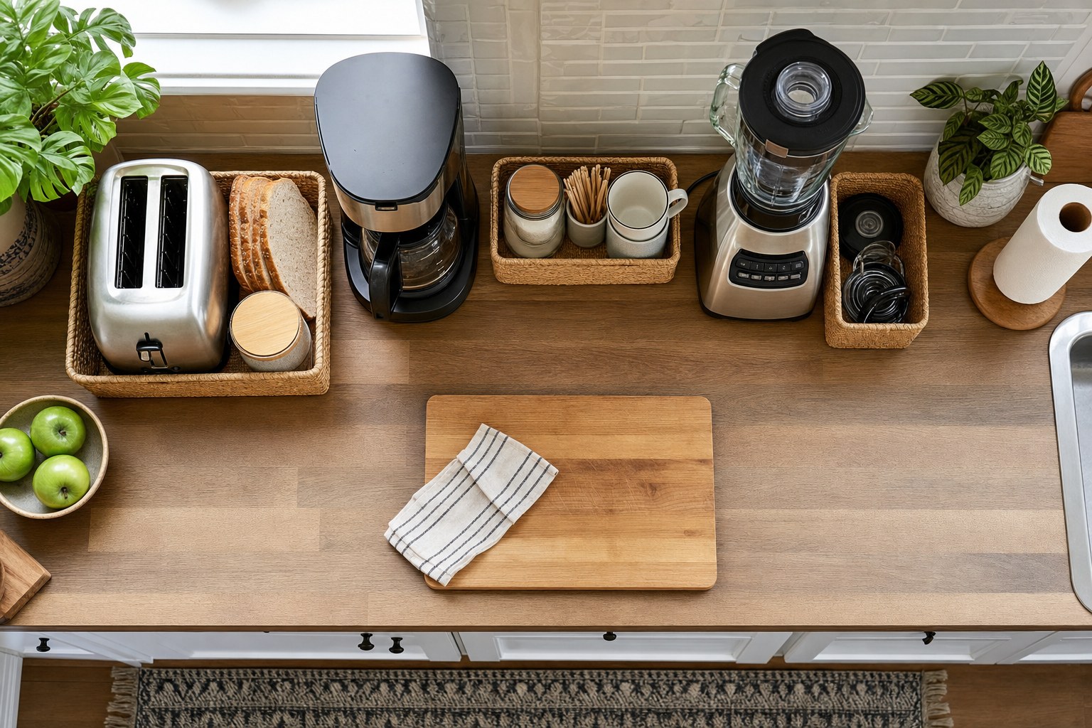 Kitchen counter divided into coffee, toaster, blender, and prep zones