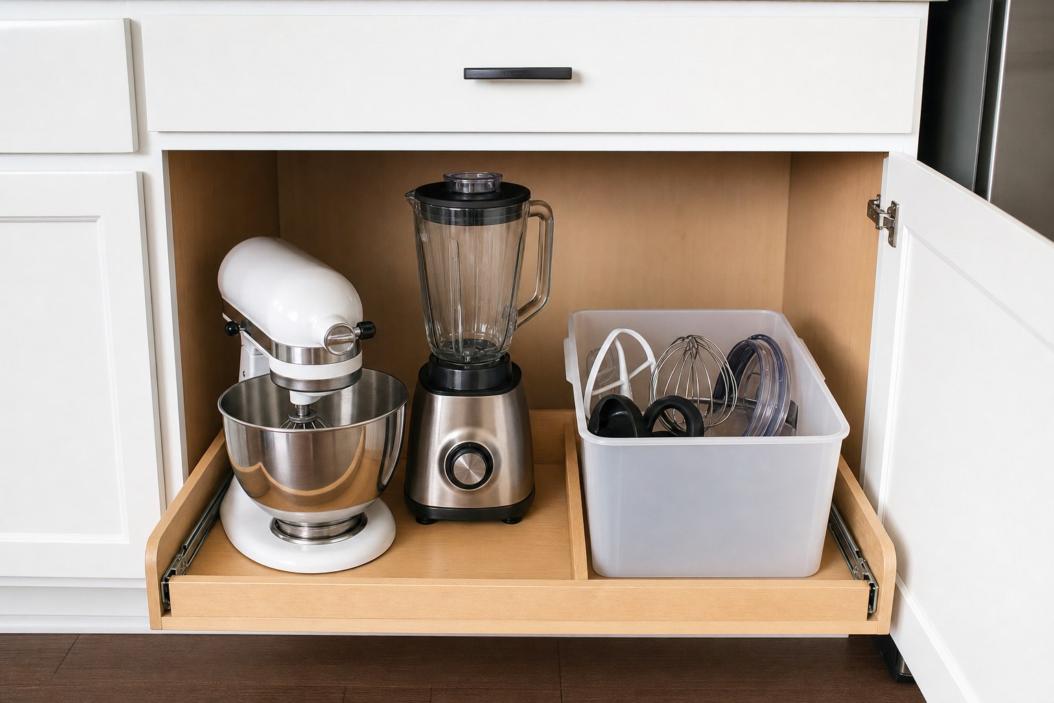 Lower kitchen cabinet storing a stand mixer, blender, and appliance attachments