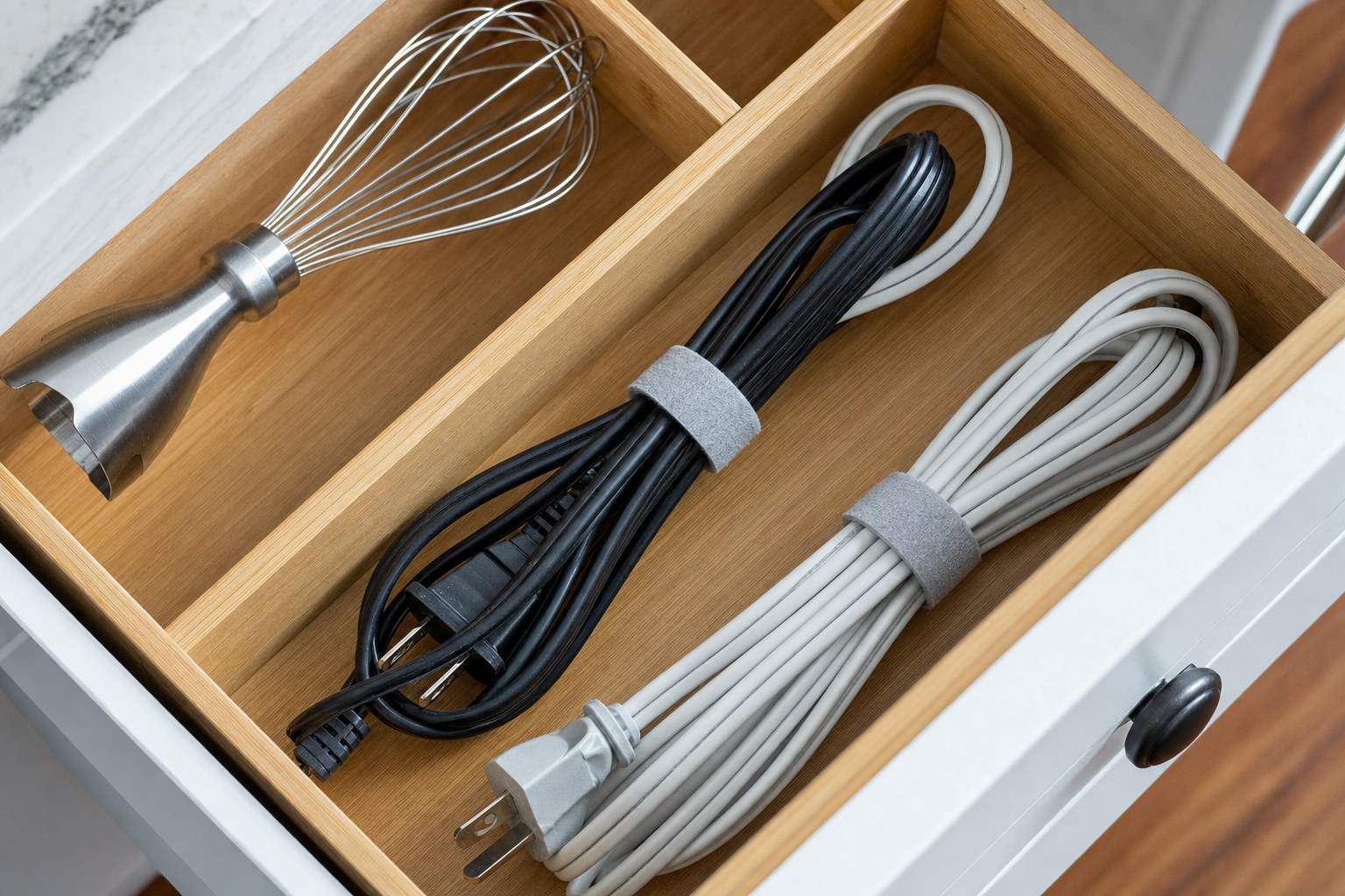 Neatly wrapped appliance cords stored in a kitchen drawer organizer