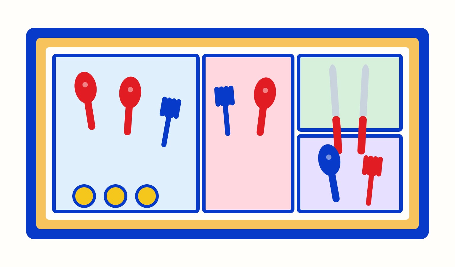 Illustration of a kitchen drawer organized into simple utensil zones