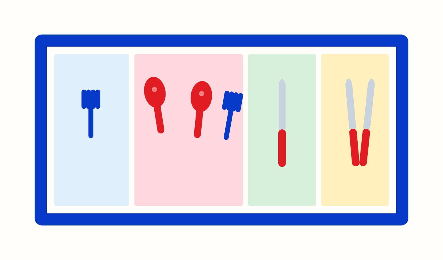 Illustration of a kitchen drawer with separate sections for tools and knives