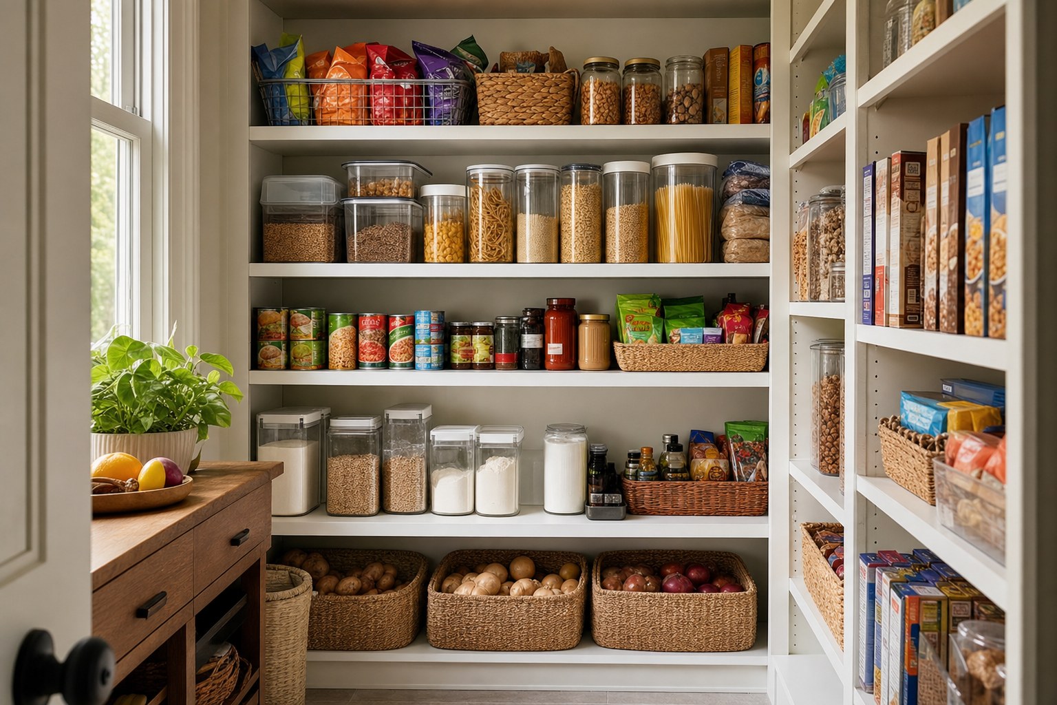 Home pantry arranged in practical zones for everyday groceries