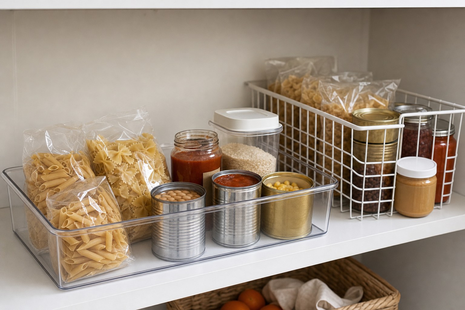 Pantry shelf with open groceries at the front and backup stock behind