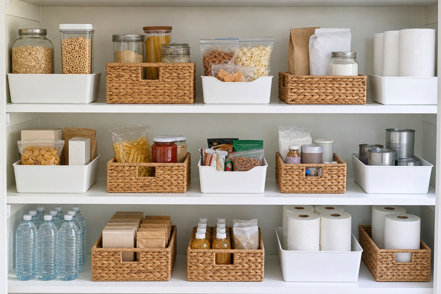 Pantry shelves grouped into broad, easy-to-see grocery zones