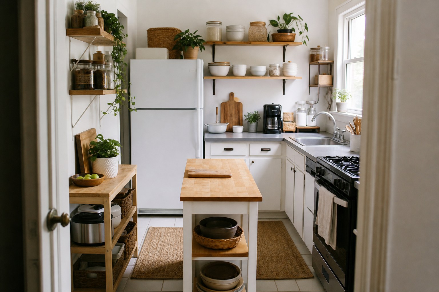 Compact kitchen with open shelves, a rolling cart, and a clear prep counter