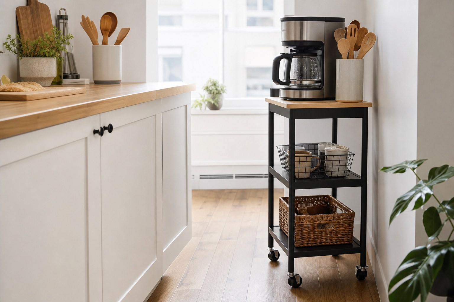 Rolling cart holding a coffee maker and kitchen supplies beside a compact counter
