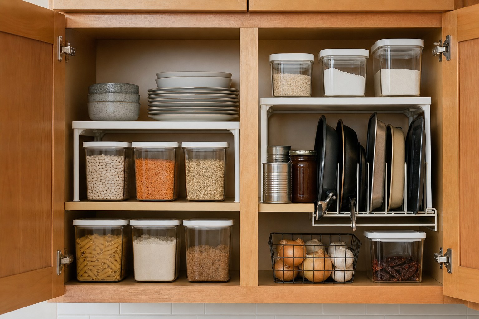Kitchen cabinet using shelf risers, food containers, and vertical pan storage
