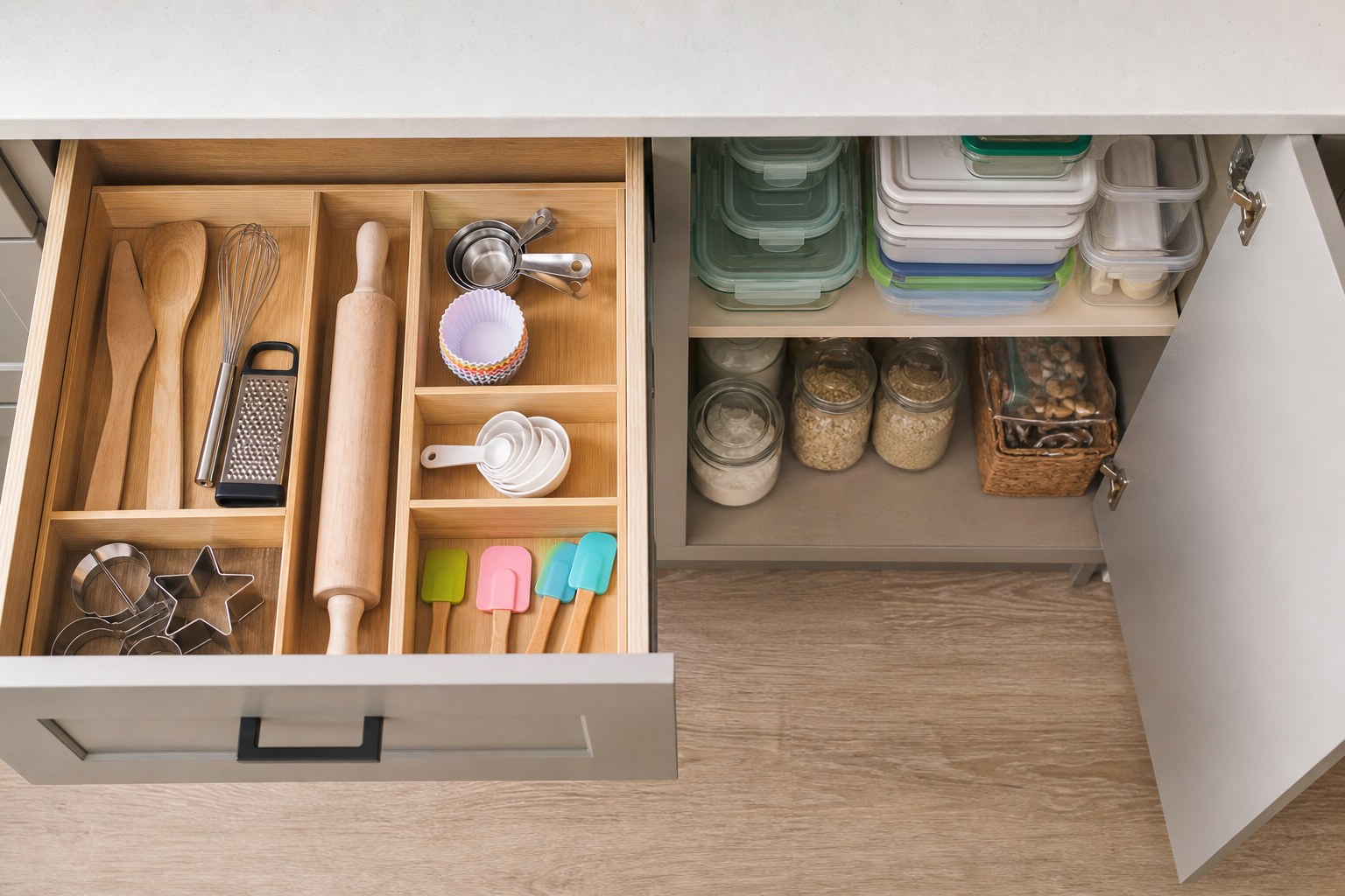 Small kitchen drawer and cabinet organized with zones for tools and food containers