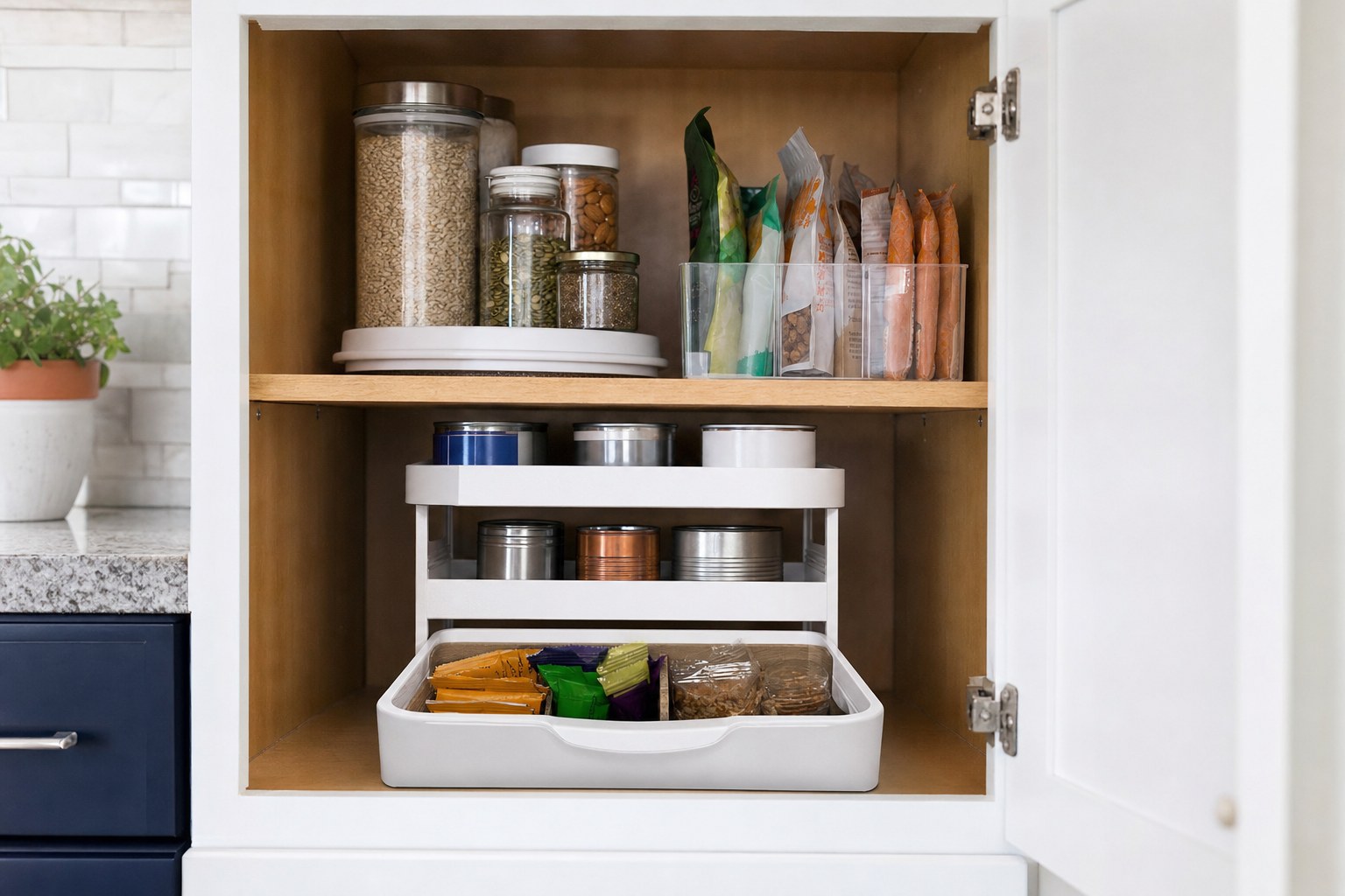 Small kitchen pantry cabinet with a turntable, shelf riser, and pull-out snack bin