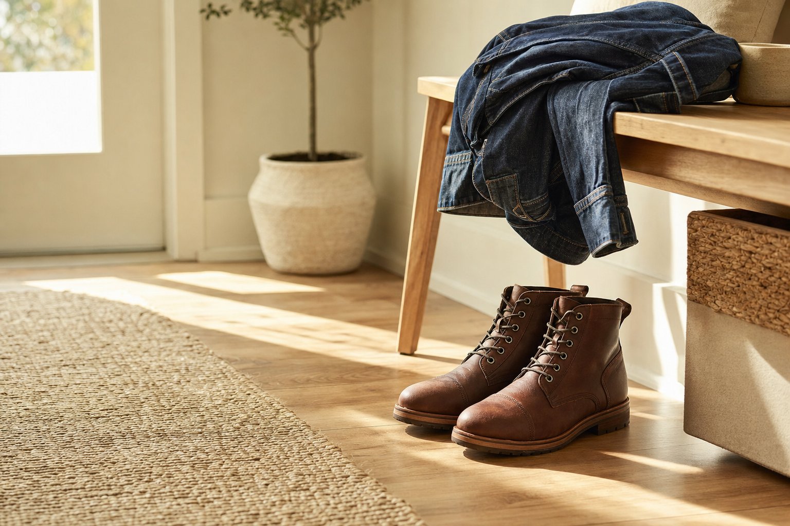 Brown men's ankle boots beside a bench in a sunlit entryway