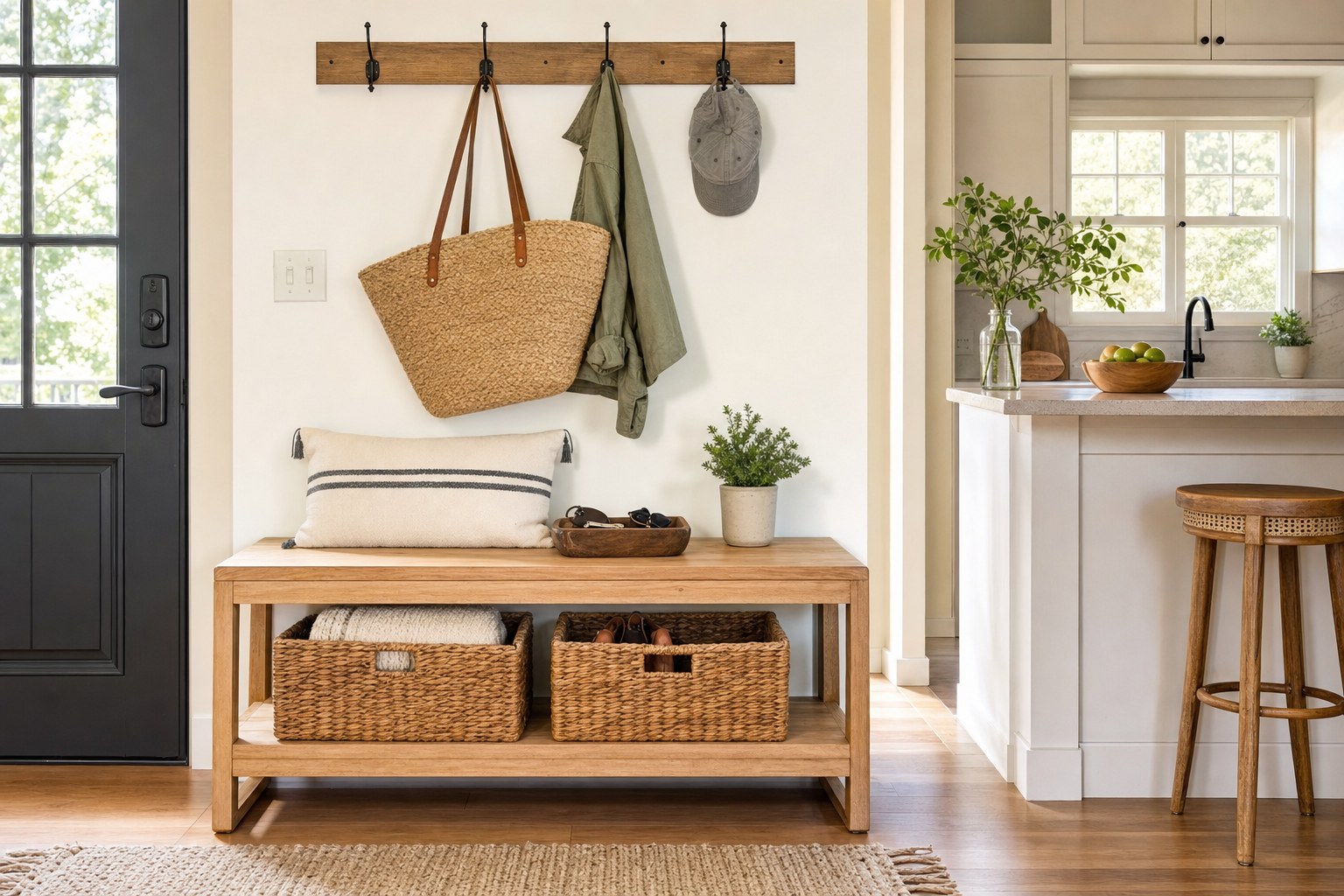 Organized entryway with a storage bench, baskets, wall hooks, and an adjacent kitchen