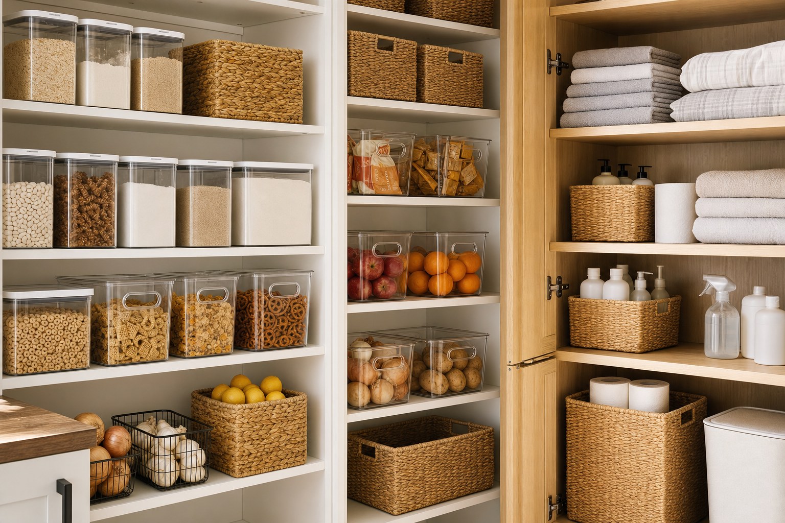 Organized pantry and utility cabinet with clear containers, baskets, linens, and household supplies