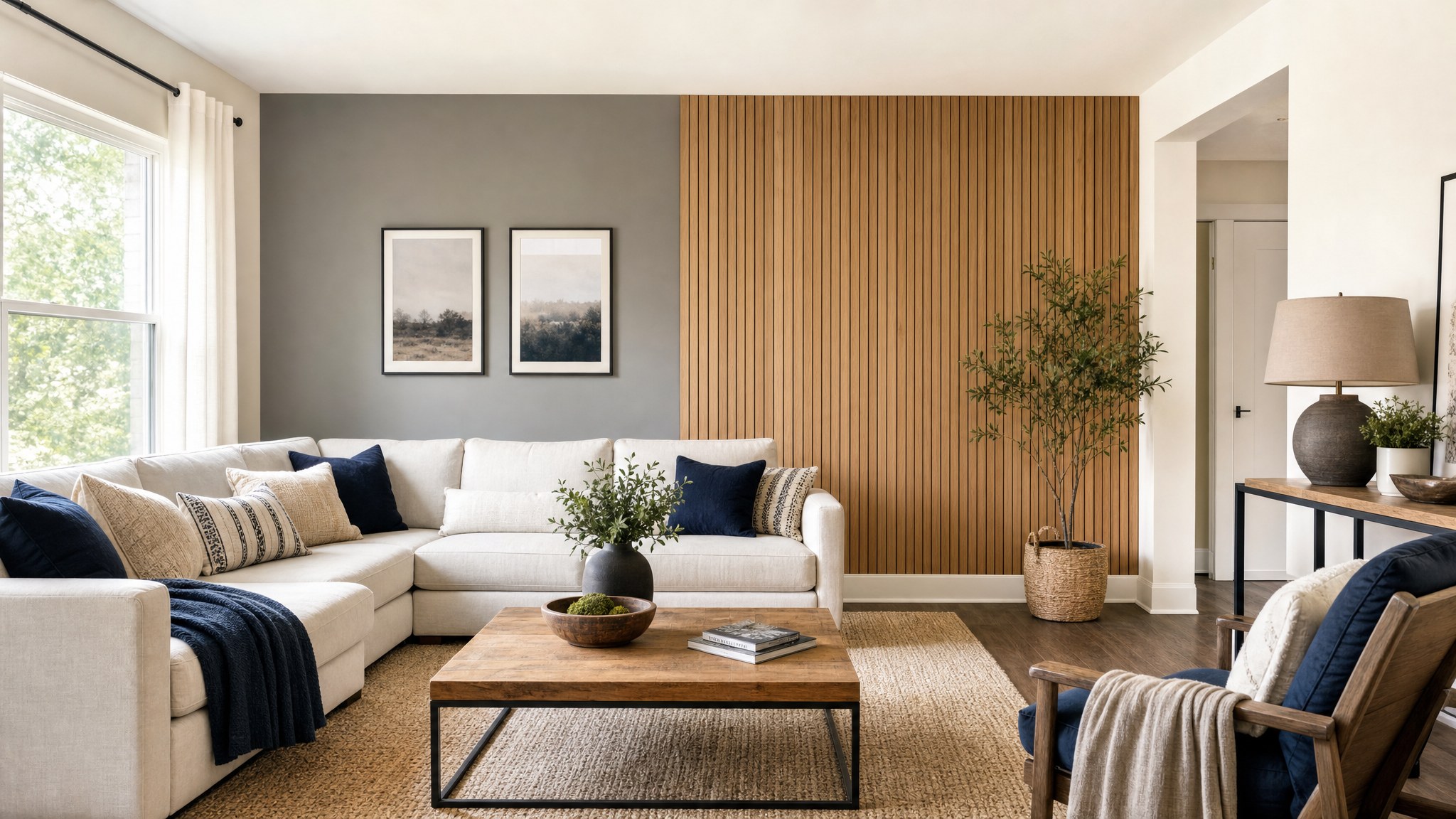 Living room with a wood-panel accent wall behind a white sofa