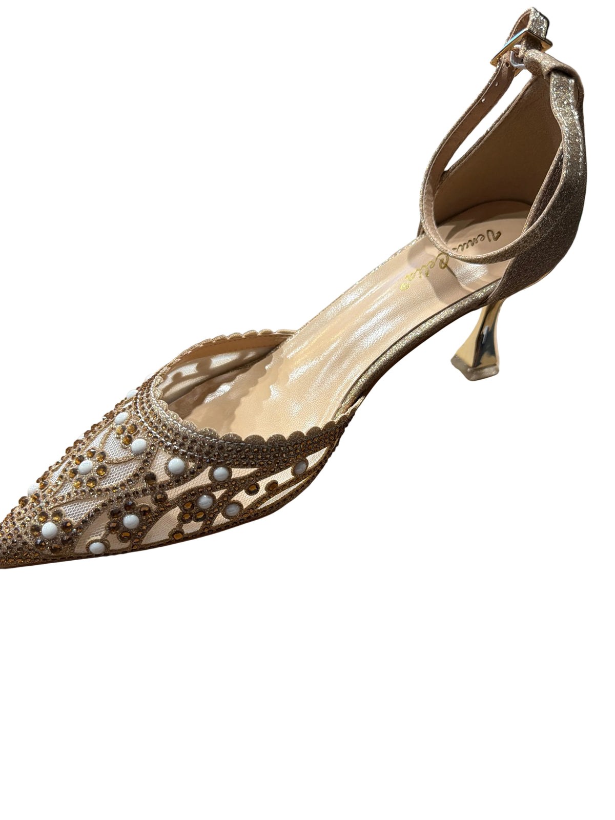 Celia Women’s Gold Rhinestone & Pearl Ankle-Strap Heels