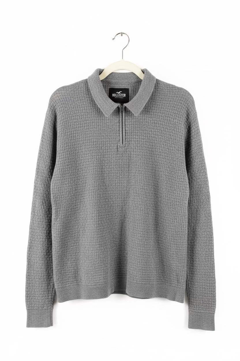 Hollister Men’s Gray Textured Quarter-Zip Polo Sweater