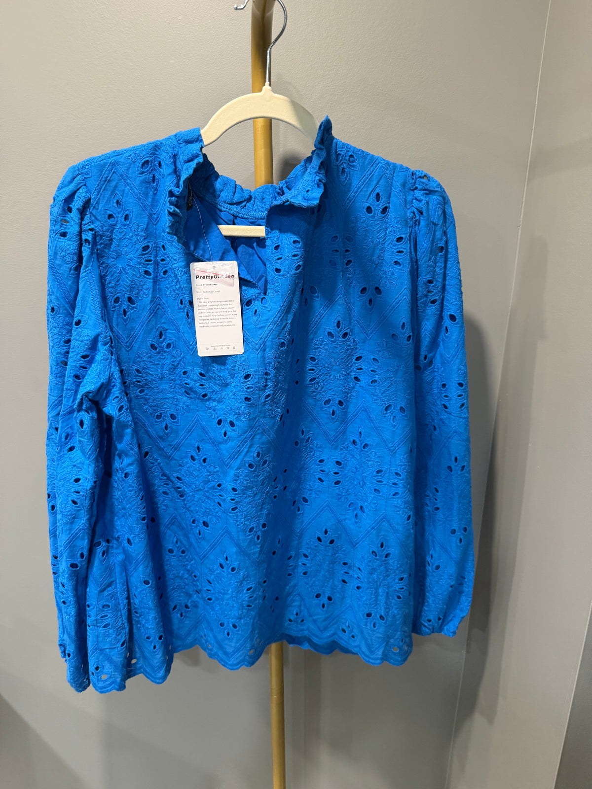 PRETTYGARDEN Women’s Blue Eyelet Embroidered Long-Sleeve Blouse
