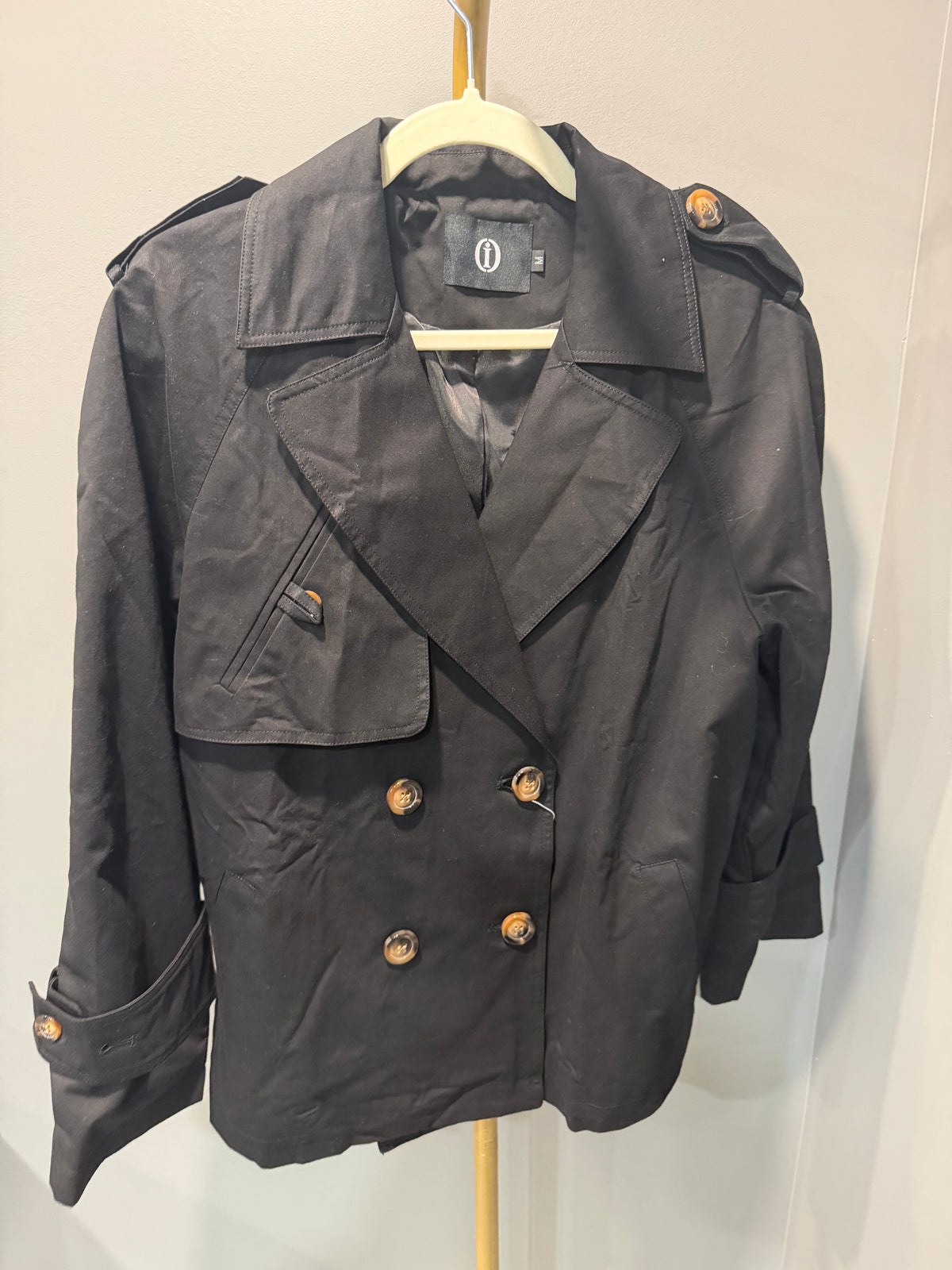 Women’s Black Double-Breasted Short Trench Coat – Size Medium