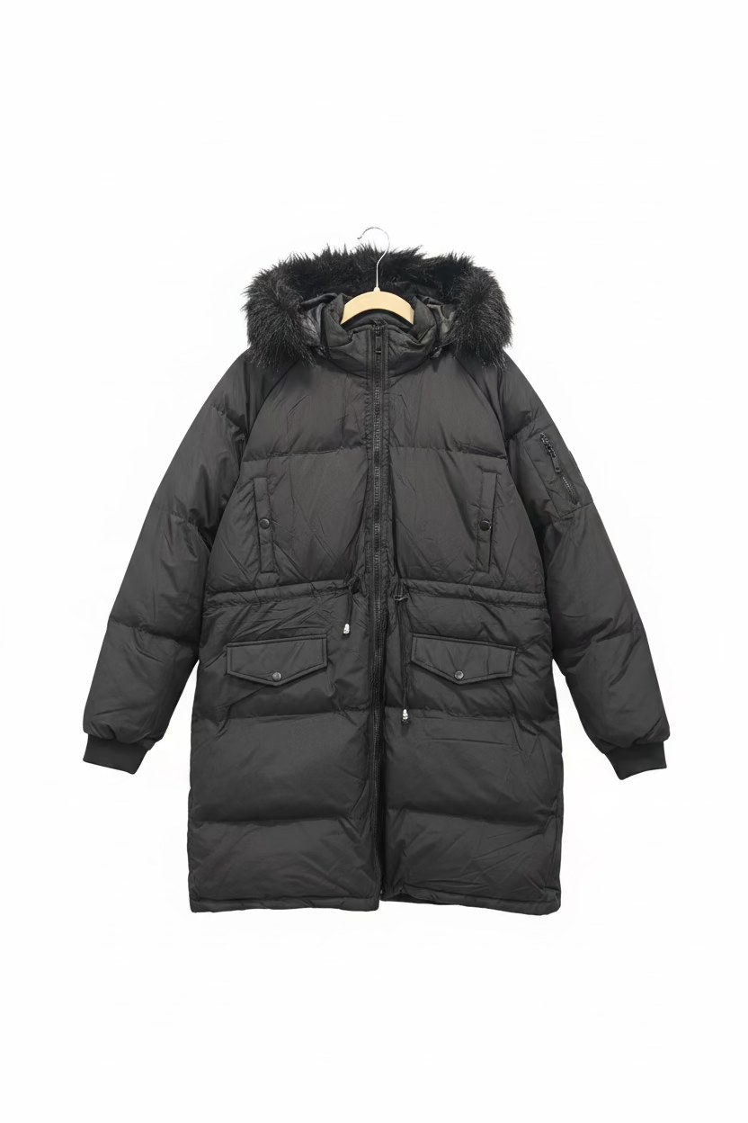 Women’s Black Long Puffer Parka with Faux-Fur Hood