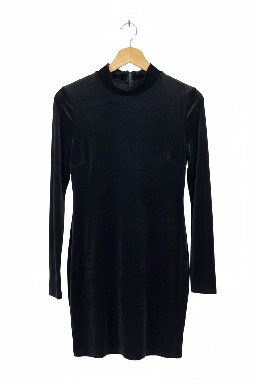 Women’s Black Velvet Mock-Neck Long-Sleeve Mini Dress