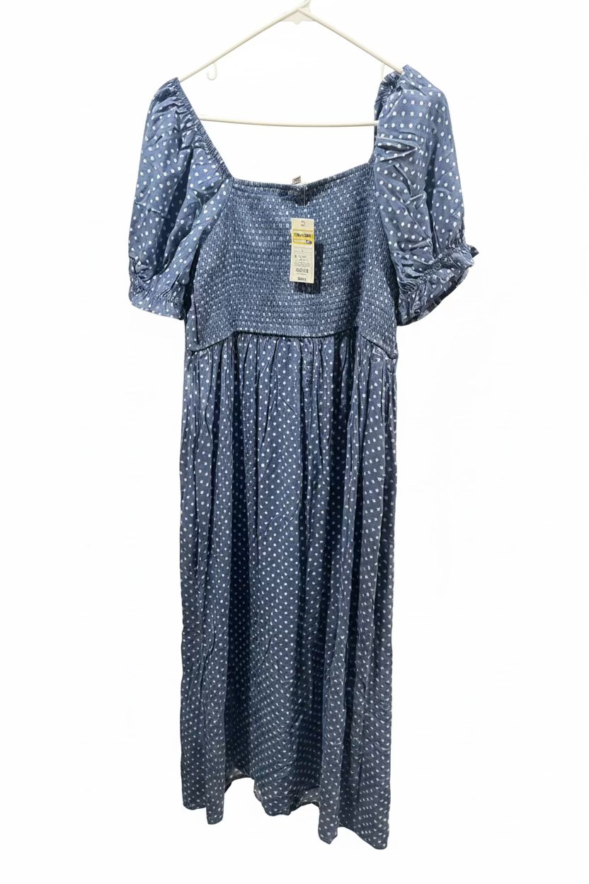 Women’s Blue Polka-Dot Smocked Puff-Sleeve Maxi Dress