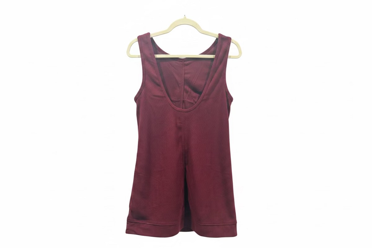 Women’s Burgundy Corduroy Sleeveless Romper with Pockets