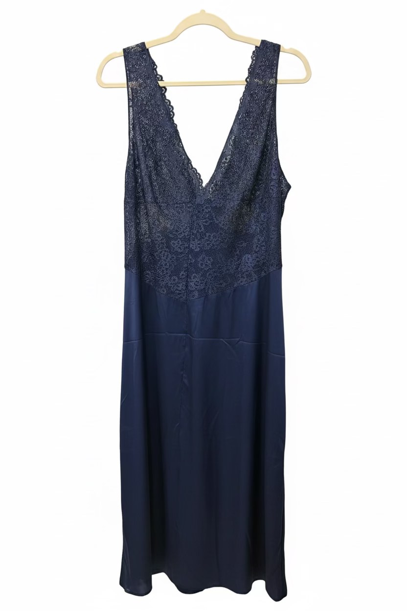 Women’s Navy Blue Lace and Satin Maxi Nightgown