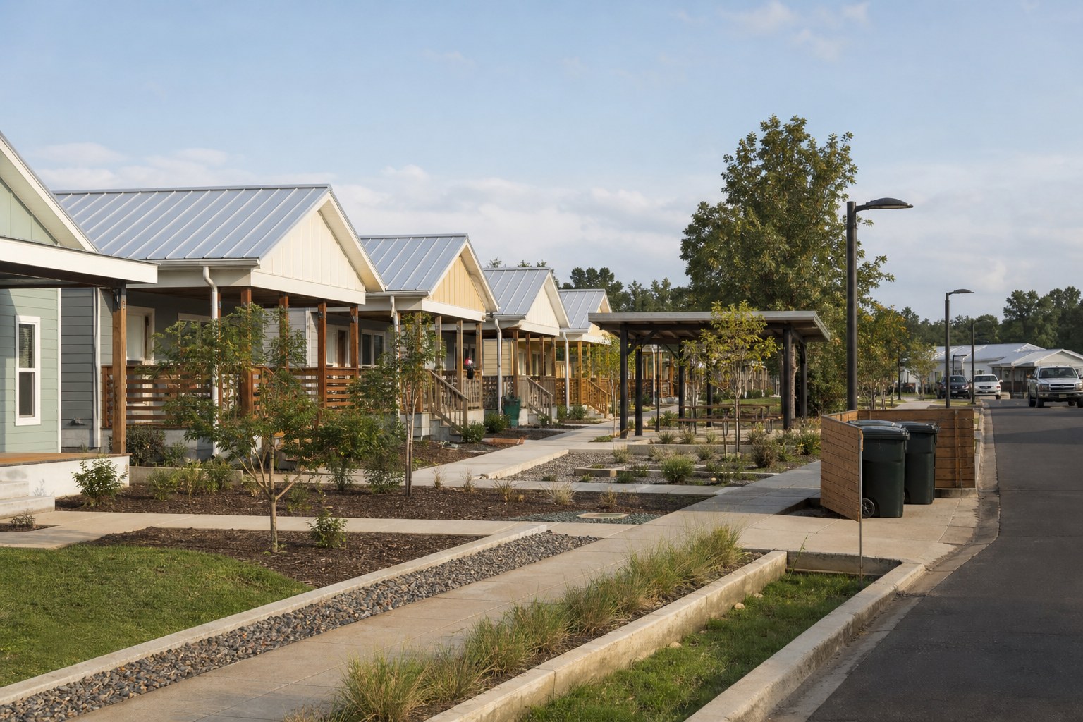 Completed disaster relief housing neighborhood with paths, planted drainage, shared space and safe access