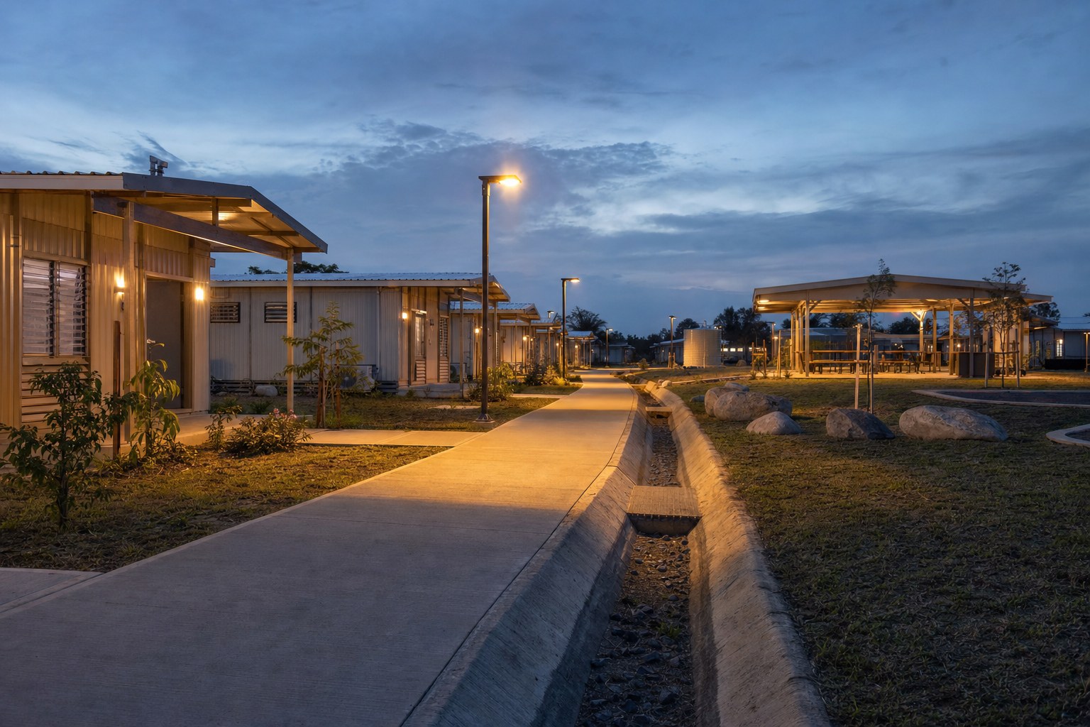 Completed housing community with pedestrian route, shared space, lighting and drainage