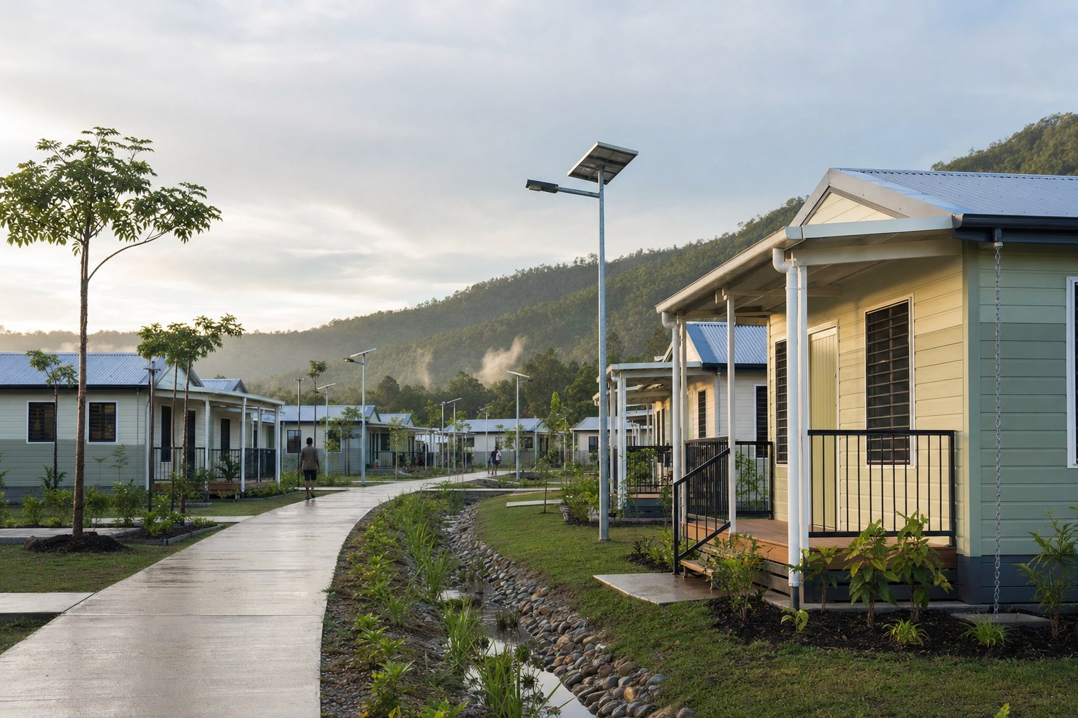 Planned modular housing community with safe paths, drainage and solar street lighting