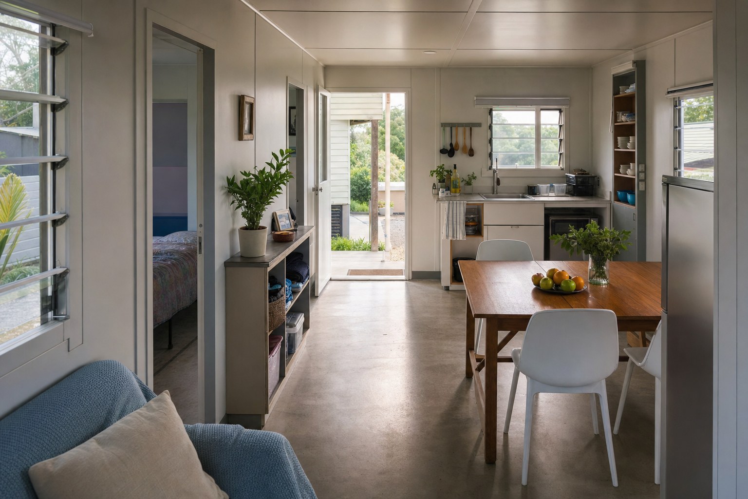 Practical modular home interior with daylight, storage and clear circulation