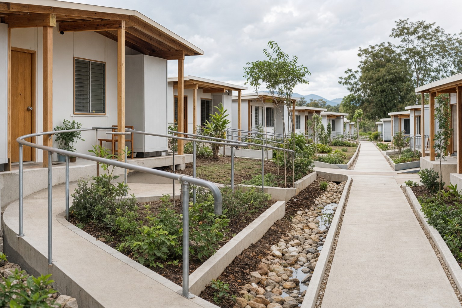 Accessible modular housing site with drainage channel, paths and planted shared areas