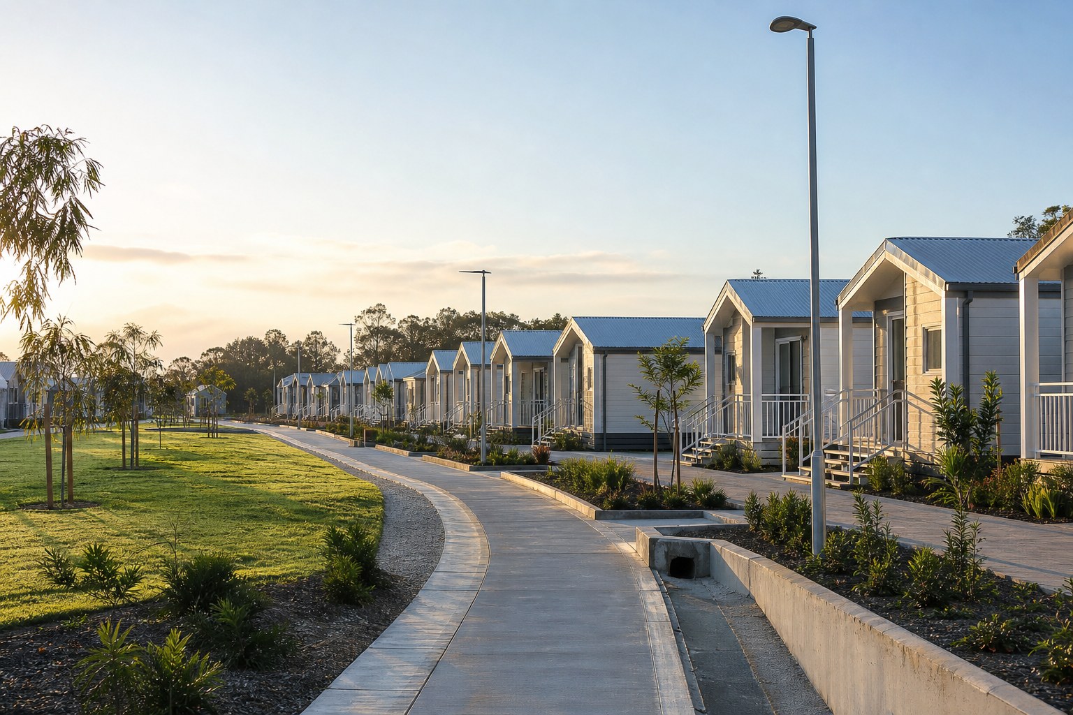Planned disaster relief housing community with accessible paths and shared green space