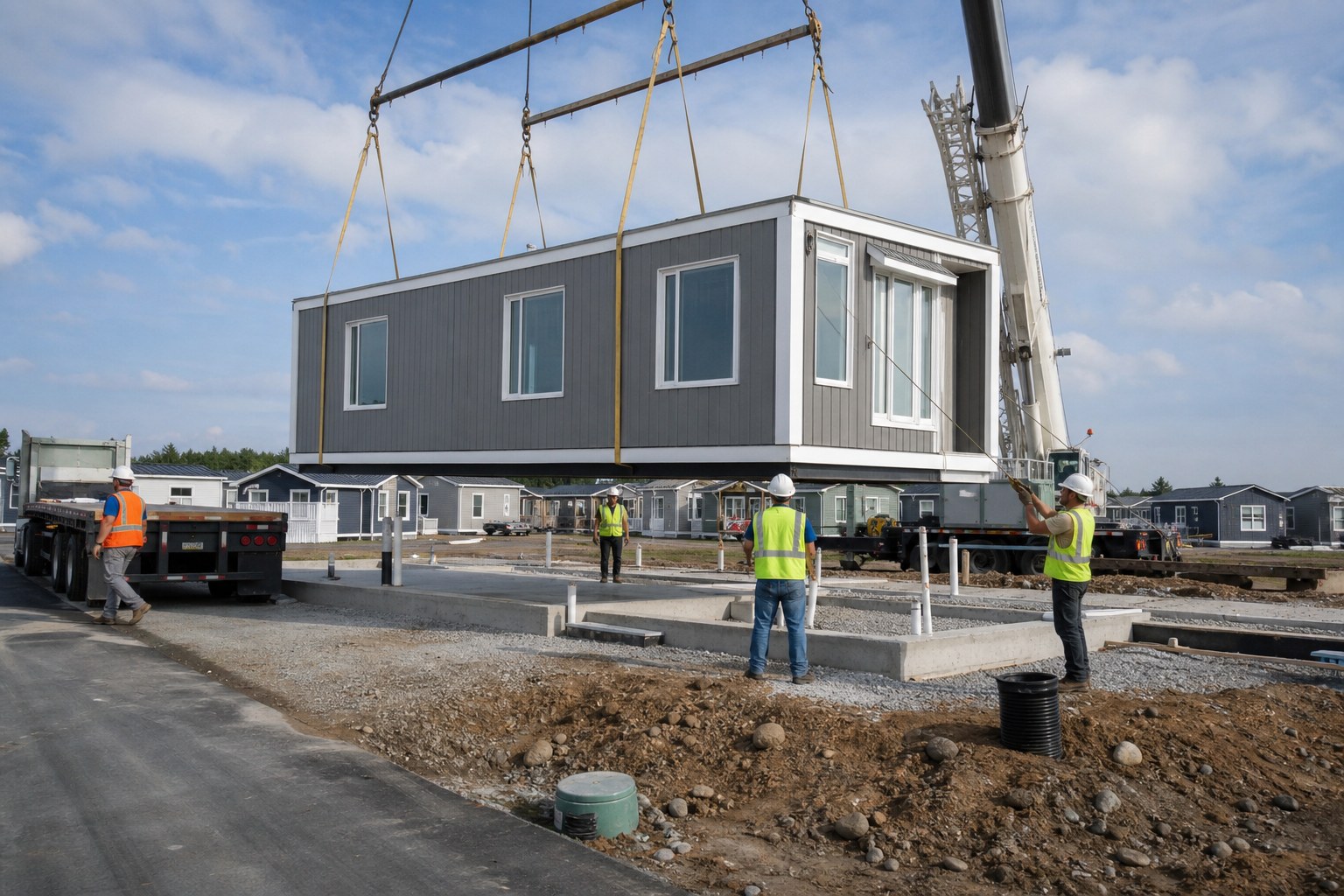 Modular disaster relief home being installed on prepared foundations with utility connections nearby