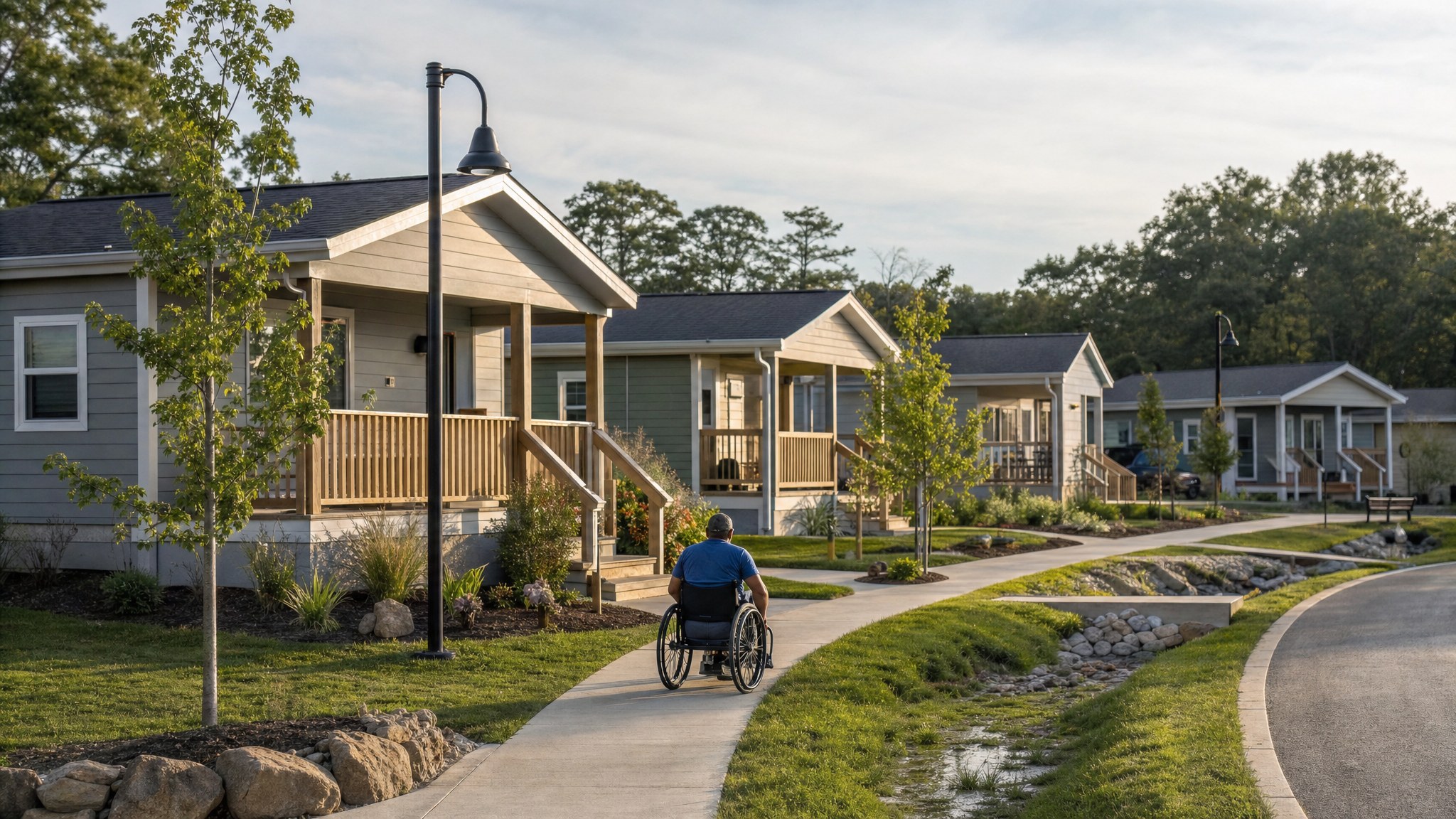 Accessible recovery housing neighborhood with homes, paths, drainage and street lighting