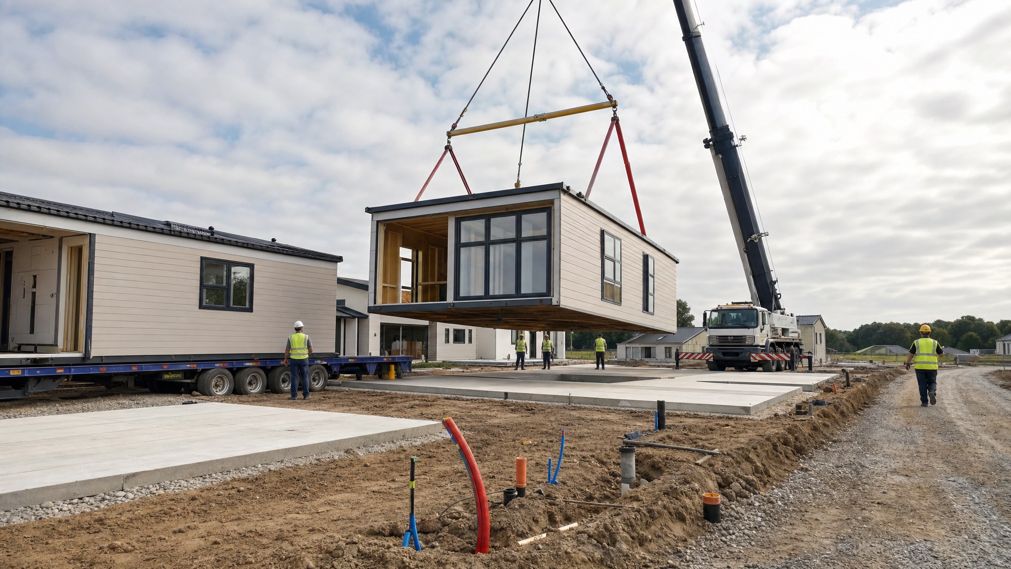 Modular home section being placed at a prepared recovery housing site
