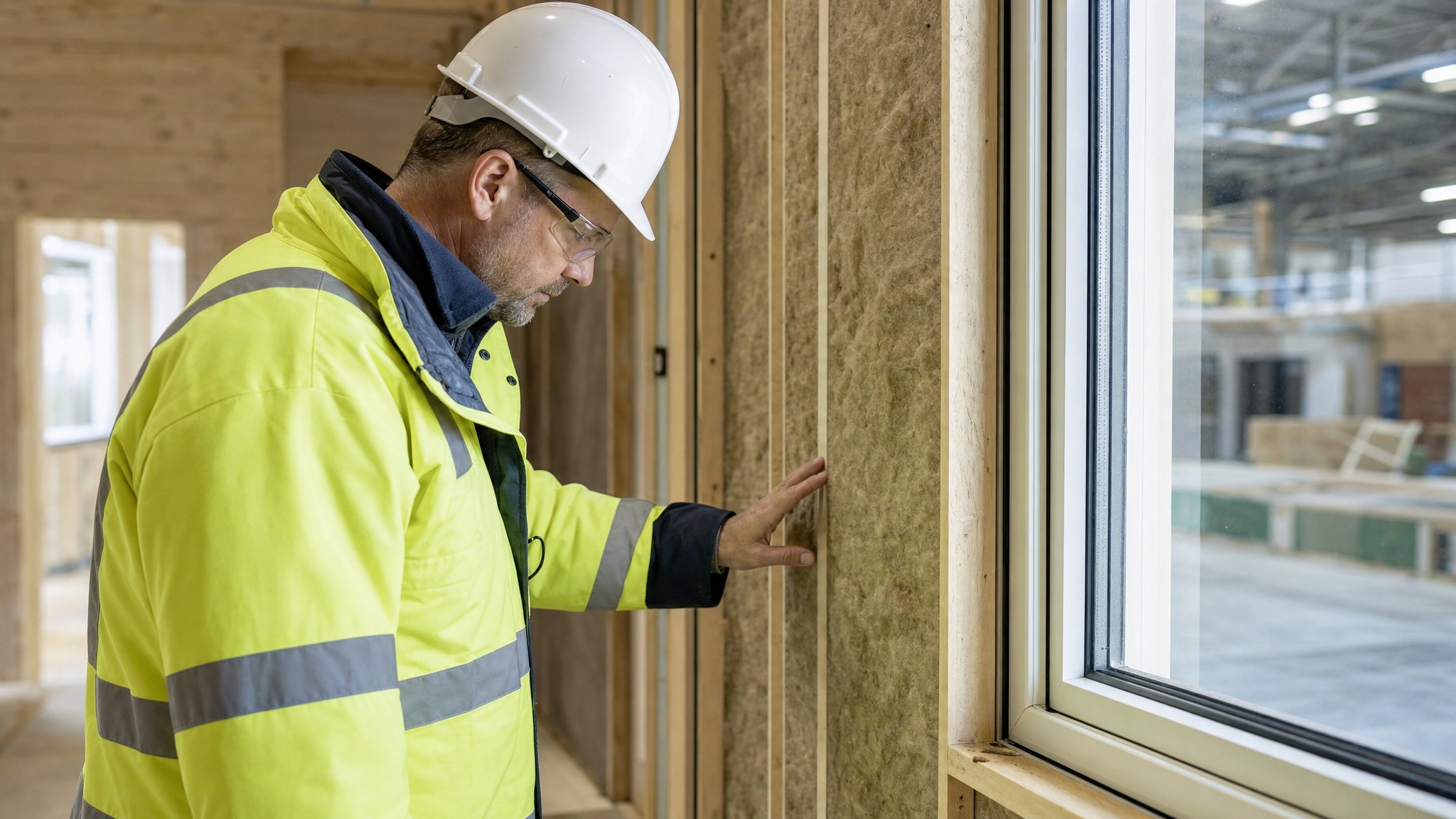 Quality inspector reviewing insulation and window installation inside a modular home