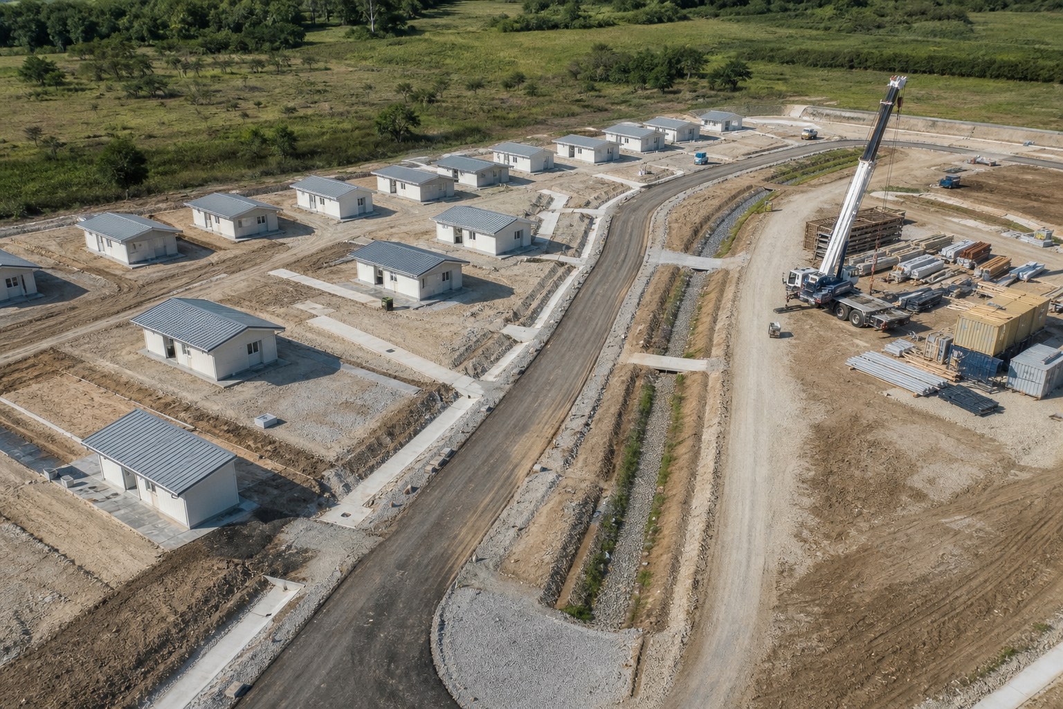 Prepared disaster relief housing site with homes, access road, drainage and installation area