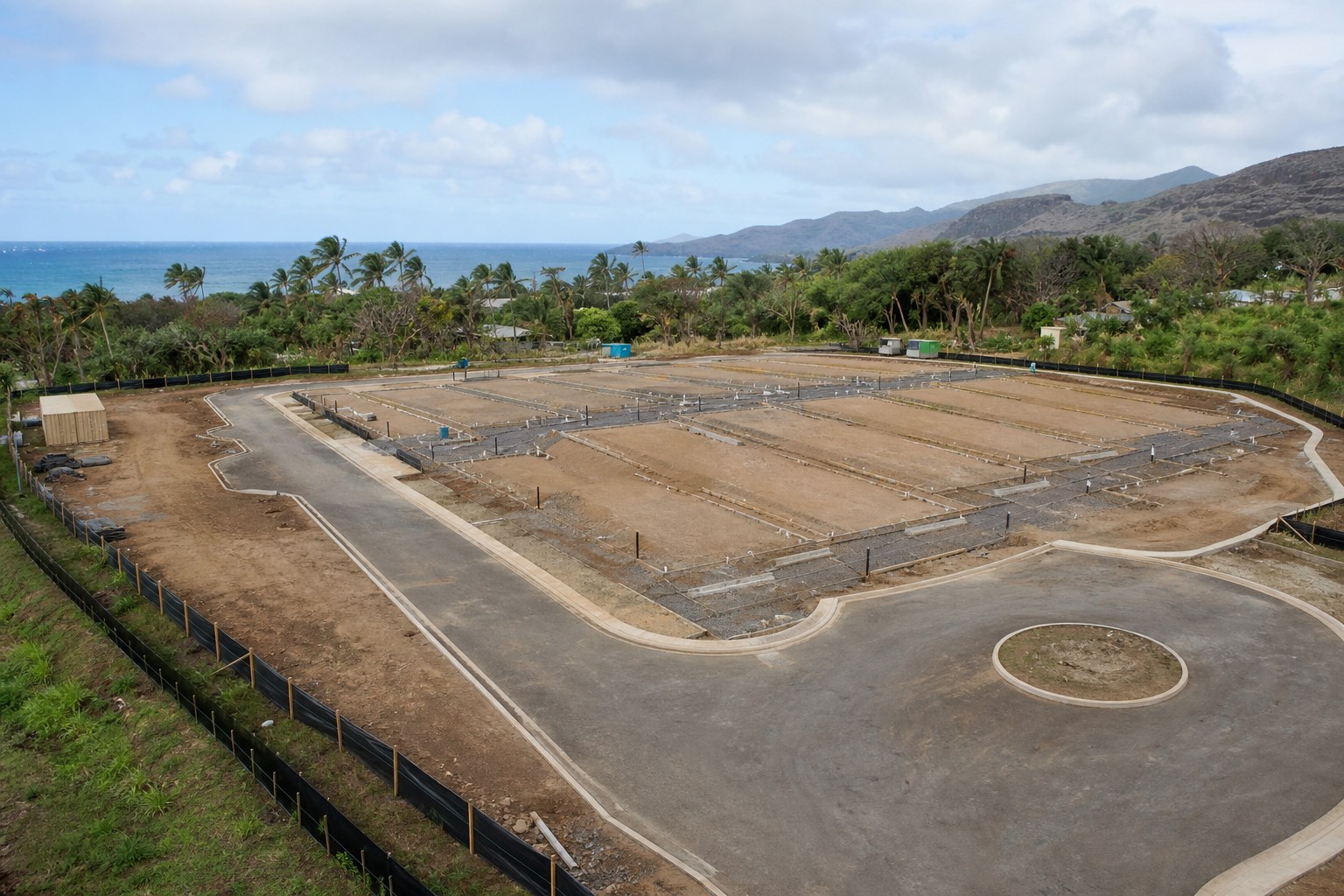 Prepared disaster recovery housing site with access roads, service routes and graded foundations