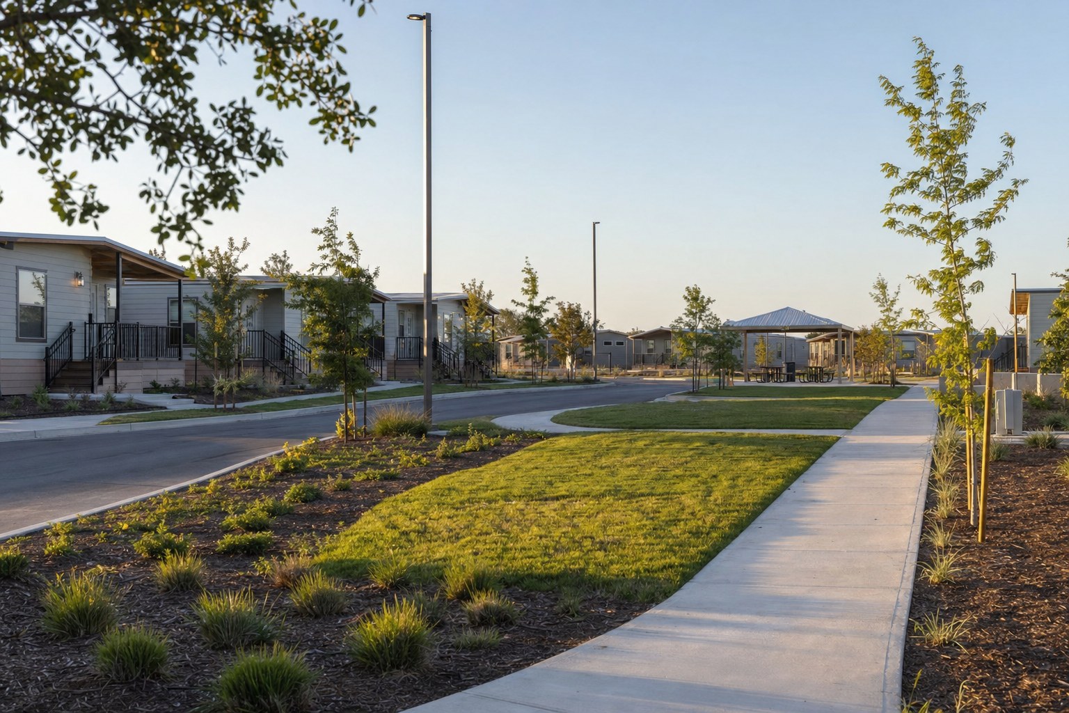 Completed modular recovery housing neighborhood with accessible paths and shared community space