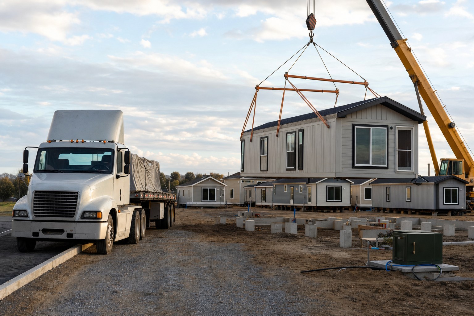 Factory-built modular home being installed by crane on a prepared recovery housing site