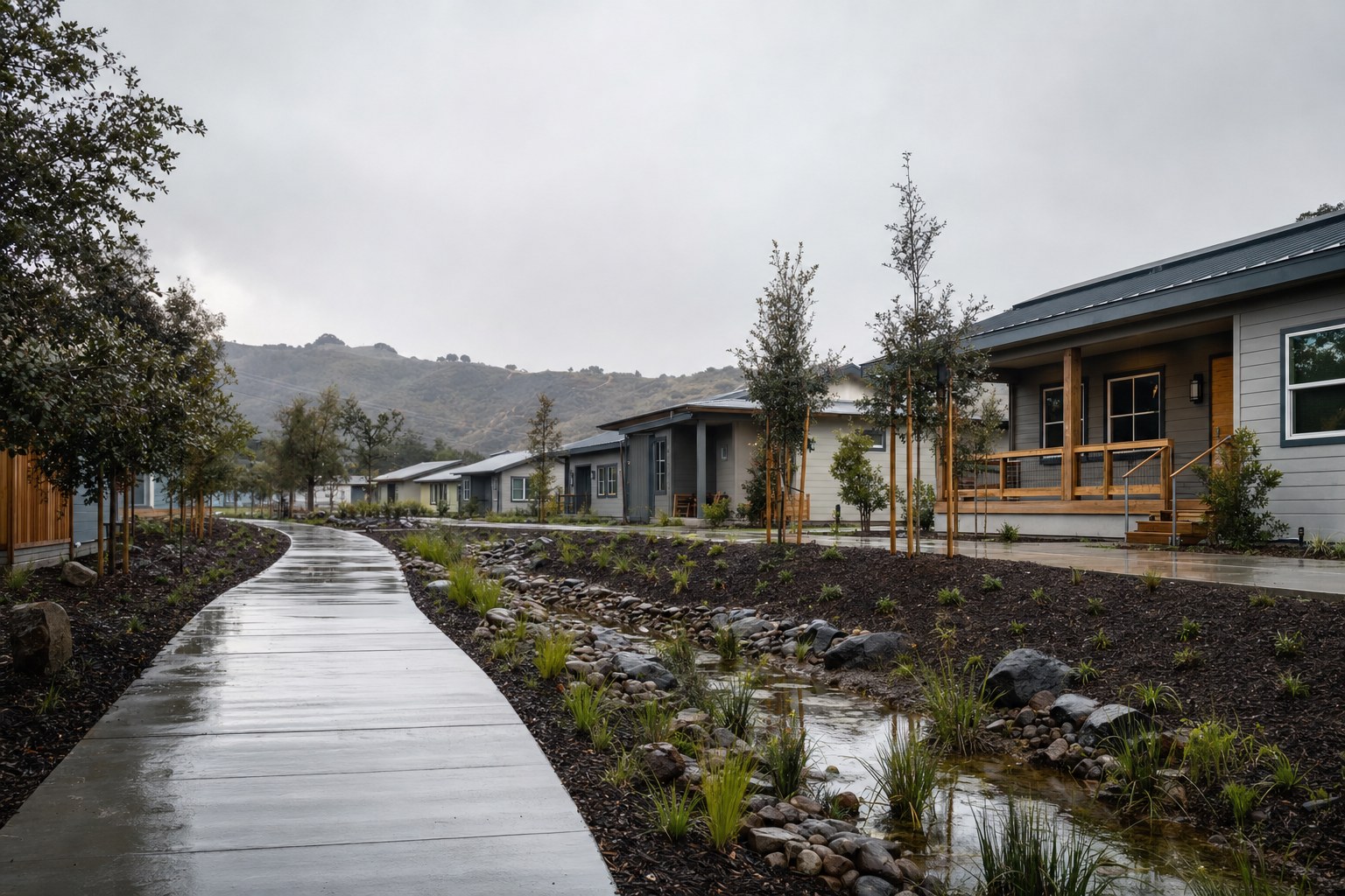 Modular disaster recovery housing community with accessible paths and drainage