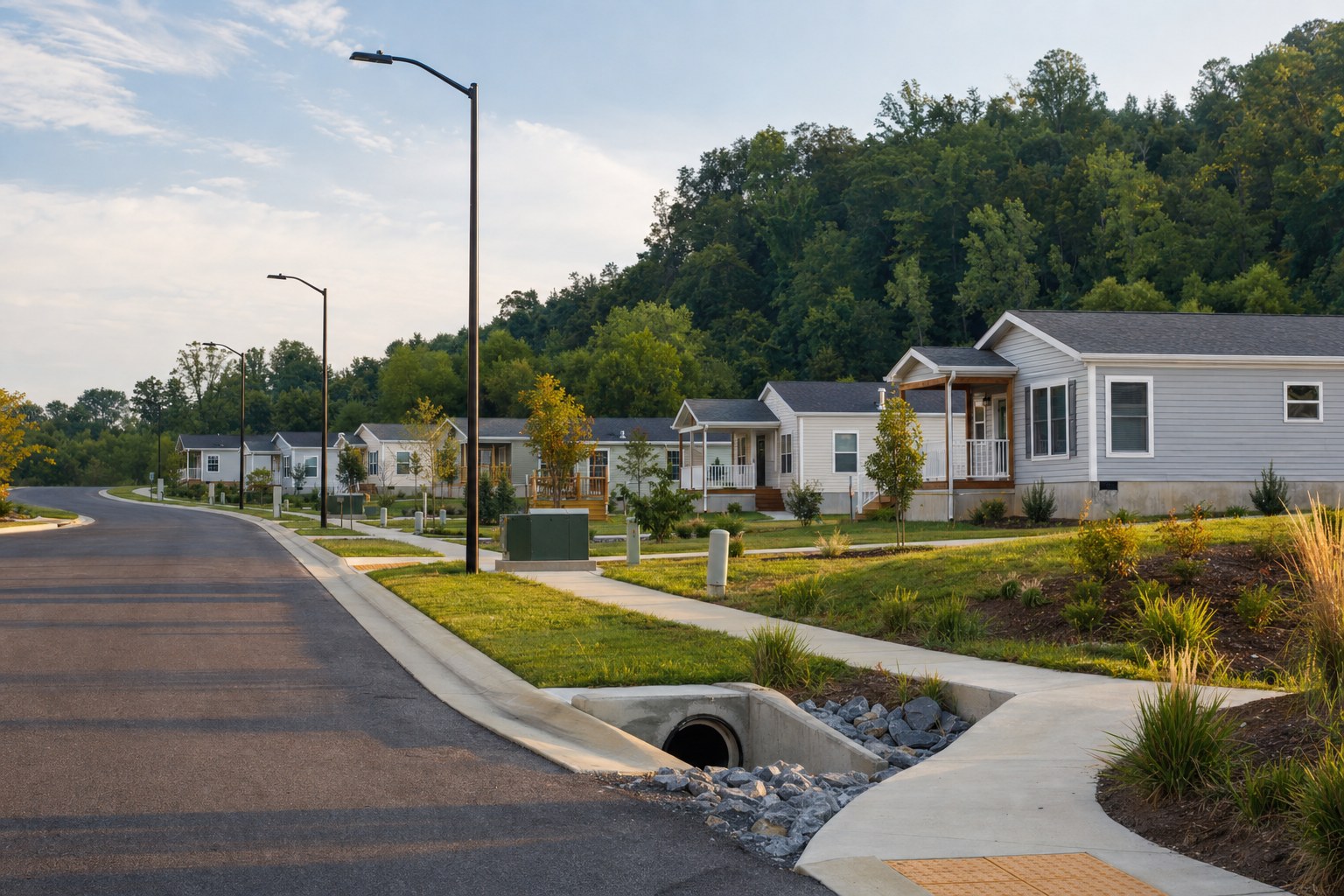 Completed recovery housing neighborhood with roads, drainage and accessible paths